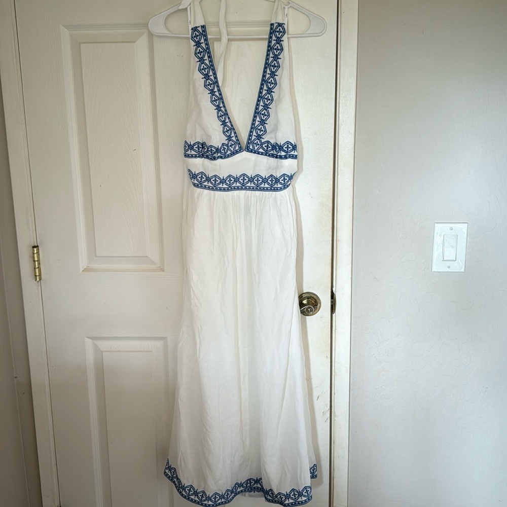 Blue and white halter maxi dress